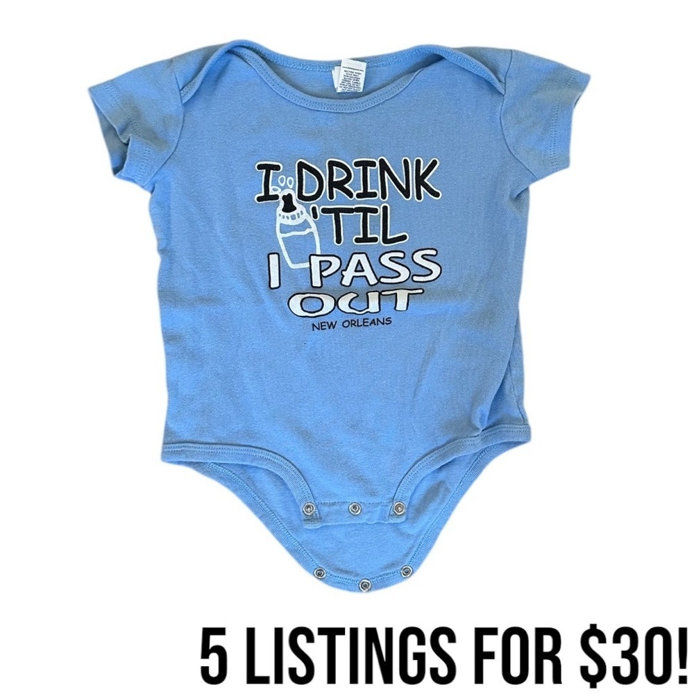 ‘I Drink Until I Pass Out’ 18 Month Baby Onesie New Orleans Funny Graphic Blue